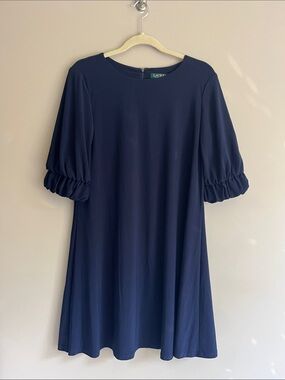 Lauren Ralph Lauren navy blue knit swing puff sleeve dress size 10